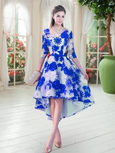 Romantic Half Sleeves Lace High Low Lace Up Prom Gown in Blue And White with Belt