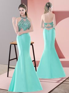 Sumptuous Blue and Apple Green Prom and Party and Military Ball with Beading Halter Top Sleeveless Sweep Train Backless