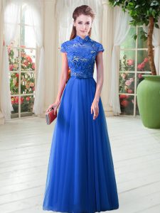 Decent Floor Length Royal Blue Homecoming Dress High-neck Cap Sleeves Lace Up