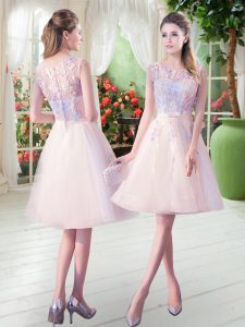 Inexpensive Sleeveless Tulle Knee Length Zipper Homecoming Dress in Champagne with Appliques