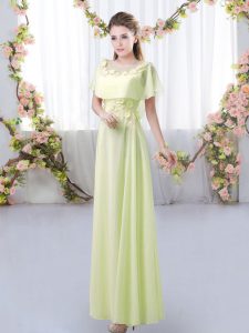 Customized Short Sleeves Floor Length Appliques Zipper Bridesmaids Dress with Yellow Green