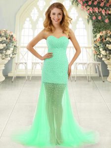 Sweet Apple Green Dress for Prom Tulle Brush Train Sleeveless Beading