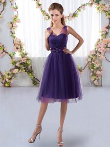 Knee Length Zipper Wedding Party Dress Purple for Prom and Party with Appliques