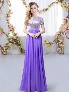 Stunning Empire Dama Dress Lavender Scoop Chiffon Short Sleeves Floor Length Zipper