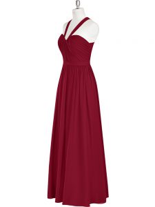 Floor Length Burgundy Dress for Prom Chiffon Sleeveless Ruching