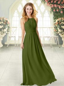 Admirable Sleeveless Chiffon Floor Length Zipper Prom Dress in Olive Green with Ruching