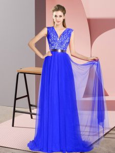 Royal Blue Homecoming Dress Tulle Sweep Train Sleeveless Beading and Lace