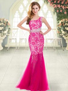 Hot Pink Sleeveless Floor Length Beading and Lace Zipper Evening Dresses