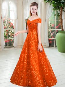 A-line Formal Dresses Orange Off The Shoulder Lace Sleeveless Floor Length Lace Up