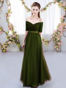 Extravagant Short Sleeves Tulle Floor Length Lace Up Dama Dress in Olive Green with Ruching