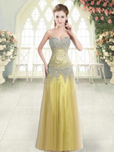 Excellent Gold Column/Sheath Sweetheart Sleeveless Tulle Floor Length Zipper Beading Homecoming Dress