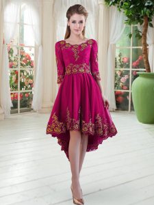 Fuchsia A-line Scoop Long Sleeves Satin High Low Lace Up Embroidery Evening Dress