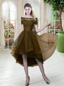 Brown A-line Off The Shoulder Short Sleeves Tulle High Low Lace Up Lace Prom Party Dress