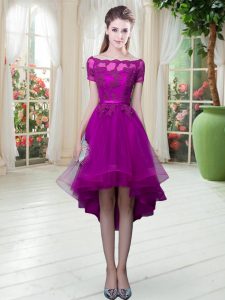 Short Sleeves High Low Appliques Lace Up Prom Evening Gown with Purple