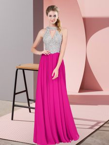 Fuchsia Chiffon Zipper Prom Evening Gown Sleeveless Floor Length Beading