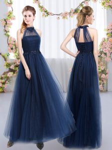 Extravagant Navy Blue Sleeveless Appliques Floor Length Quinceanera Dama Dress