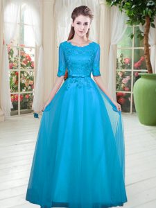 Blue Scoop Neckline Lace Prom Gown Half Sleeves Lace Up