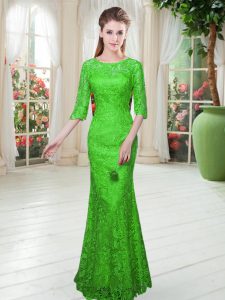 Modest Green Mermaid Scoop Half Sleeves Floor Length Zipper Lace Prom Gown