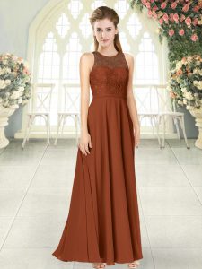 Dramatic Sleeveless Floor Length Lace Backless Prom Dresses with Brown