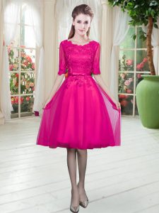 Fuchsia Half Sleeves Tulle Lace Up Homecoming Dress for Prom and Party