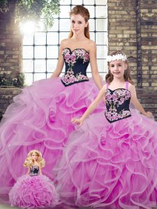 Embroidery and Ruffles Quinceanera Gowns Lilac Lace Up Sleeveless Sweep Train