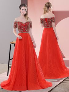 Modest Red Evening Gowns Prom and Party with Beading and Lace Off The Shoulder Short Sleeves Sweep Train Lace Up