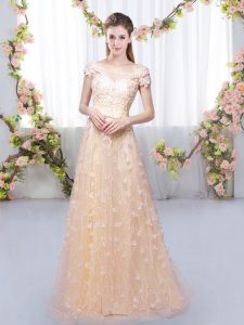Peach Cap Sleeves Floor Length Appliques Lace Up Dama Dress for Quinceanera