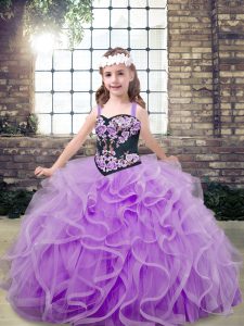 Amazing Straps Sleeveless Lace Up Pageant Dress for Girls Lavender Tulle