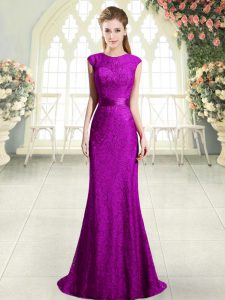 Designer Scoop Sleeveless Sweep Train Backless Prom Dresses Eggplant Purple and Purple