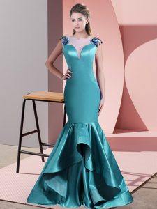 Edgy Teal Scoop Zipper Beading and Lace Prom Dress Sweep Train Sleeveless