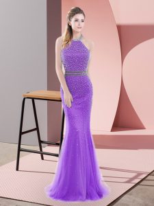 Flirting Purple Tulle Backless Prom Evening Gown Sleeveless Sweep Train Beading
