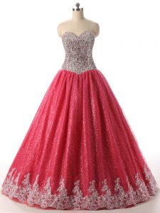 Nice Coral Red Lace Up Sweetheart Beading and Appliques Sweet 16 Dress Sequined Sleeveless