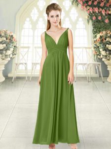 Ankle Length Backless Evening Dress Olive Green for Prom and Party with Ruching