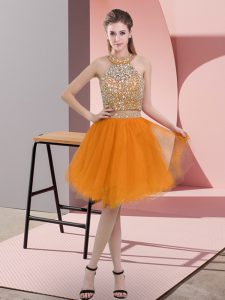 Orange Evening Dress Prom and Party with Beading Halter Top Sleeveless Backless