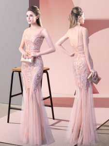 Pink Sleeveless Floor Length Sequins Backless Prom Dresses