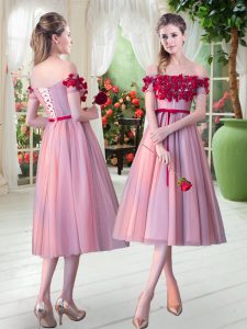 Customized Pink Tulle Lace Up Off The Shoulder Sleeveless Tea Length Dress for Prom Appliques