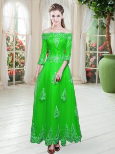 Lace Dress for Prom Green Lace Up 3 4 Length Sleeve Floor Length