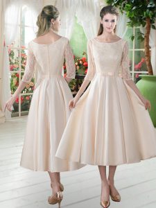 High Class Scoop 3 4 Length Sleeve Zipper Dress for Prom Champagne Satin