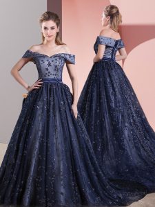 Fitting Navy Blue Prom and Party and Military Ball with Beading Off The Shoulder Sleeveless Court Train Lace Up