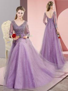 V-neck Long Sleeves Tulle Prom Dresses Beading and Appliques Sweep Train Lace Up