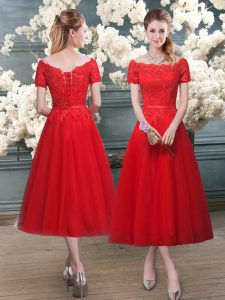Pretty Red Short Sleeves Lace Tea Length Prom Dress