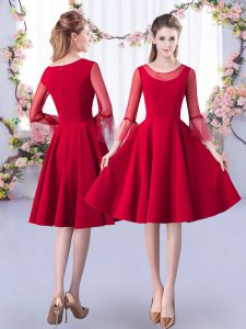 Fancy Satin 3 4 Length Sleeve Knee Length Bridesmaid Dresses and Ruching