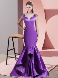 Best Selling Eggplant Purple Mermaid Scoop Sleeveless Satin Sweep Train Side Zipper Appliques Dress for Prom
