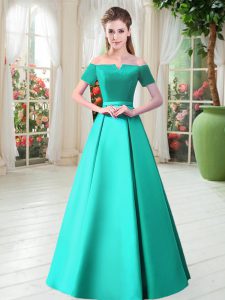 Sumptuous Turquoise Satin Lace Up Off The Shoulder Short Sleeves Floor Length Prom Dresses Belt