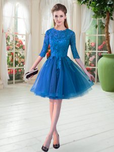 Affordable Blue Prom Dress Prom and Party with Lace Scalloped Half Sleeves Zipper