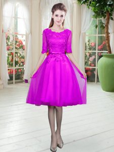 Traditional Lace Prom Evening Gown Fuchsia Lace Up Half Sleeves Knee Length
