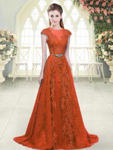 Orange A-line Scoop Cap Sleeves Tulle Sweep Train Zipper Beading and Lace Prom Dress