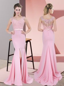 Enchanting Baby Pink Mermaid Lace and Appliques Evening Dresses Zipper Chiffon Sleeveless