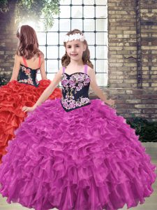 Fuchsia Sleeveless Organza Lace Up Little Girls Pageant Dress Wholesale for Party and Military Ball and Wedding Party