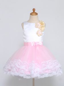 Pink And White Tulle Zipper Scoop Sleeveless Mini Length Flower Girl Dresses Lace and Appliques